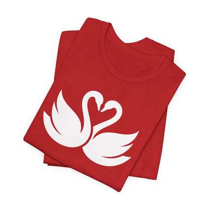 Swans forming a heart graphic on a red t-shirt, symbolizing love and romance.
