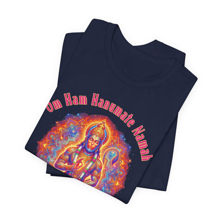 Vibrant Hanuman mandala graphic with Om Ham Hanumate Namah mantra on a dark t-shirt.