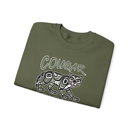 Cougar spirit formline art graphic printed on a native american pullover sweatshirt.