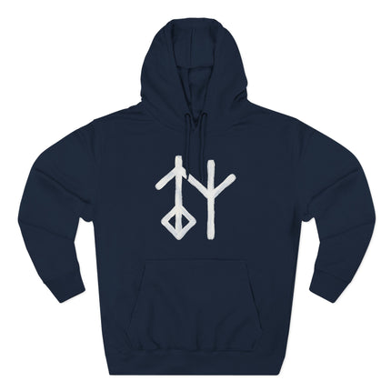 Navy hoodie featuring white Norse runes and ancient Galdrastafir symbols.
