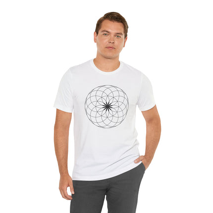 White t-shirt featuring a sacred geometry lotus of life graphic design print.