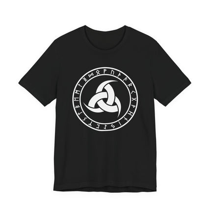 Norse Odin's horns and rune circle graphic on a black t-shirt, featuring Viking mythology symbols.