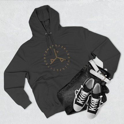 Viking Norse Futhark runes circle graphic on a dark pullover hoodie.