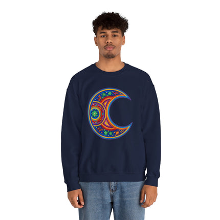 Colorful Huichol-style crescent moon mandala graphic on a navy sweatshirt.