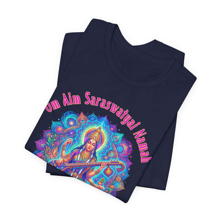 Saraswati Goddess mandala t-shirt featuring the Om Aim Saraswatyai Namah mantra print.