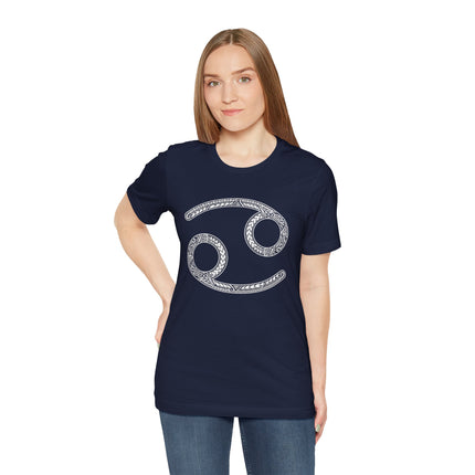 Navy t-shirt featuring the intricate Cancer zodiac symbol for astrology lovers.