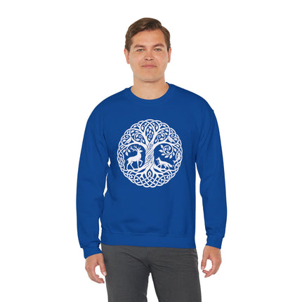 Celtic Tree of Life knotwork graphic featuring deer and fox wildlife art on a blue sweatshirt.