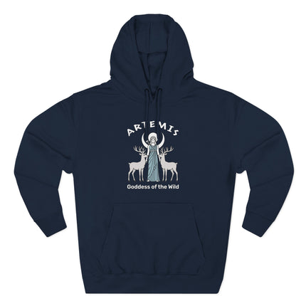 Artemis Goddess of the Wild hoodie graphic featuring deer and celestial moon art.