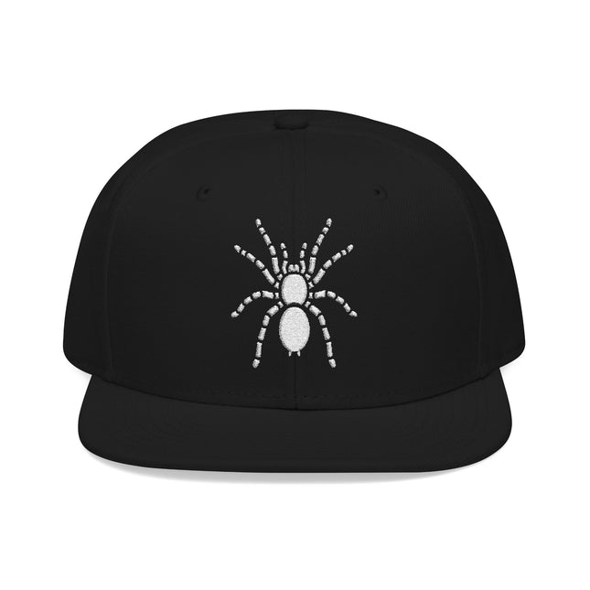 Embroidered tarantula spider graphic on a black streetwear snapback hat.