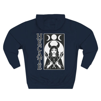 Hecate Triple Moon Goddess occult art graphic featuring divine feminine symbolism on a hoodie.