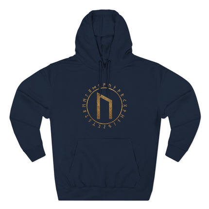 Norse mythology hoodie featuring the Uruz rune and Elder Futhark alphabet in gold detail.