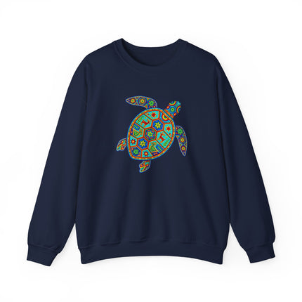 Colorful Huichol turtle art sweatshirt featuring geometric Mexican folk patterns pullover.