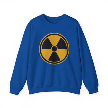 Blue sweatshirt featuring the yellow radiation hazard symbol. Nuclear warning graphic pullover.
