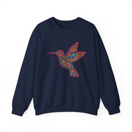 Vibrant geometric hummingbird graphic featuring Huichol-inspired indigenous art on a navy sweatshirt.