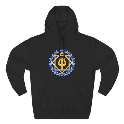 Geometric Shiva Trishula symbol in a blue mandala pattern on a black hoodie.