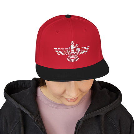 Red snapback hat with embroidered Faravahar symbol, representing Zoroastrian Persian culture.