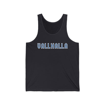 Black tank top with "VALLHALLA" text, a Norse mythology graphic tee for Viking fans.
