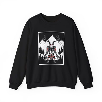 Wendigo skull and antler graphic on a forest mountain cryptid folklore pullover sweatshirt.