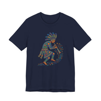 Colorful graphic of a Native American flute player in vibrant folk art style.