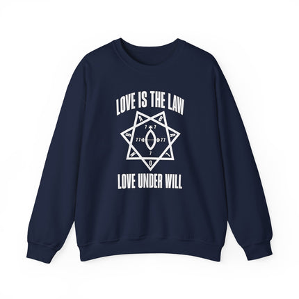 Love Is The Law Will Thelema sweatshirt featuring Babalon star and heptagram occult symbols.