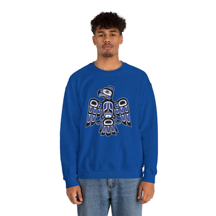Pacific Northwest formline art raven graphic on blue pullover sweatshirt.