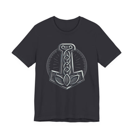 Mjolnir Norse hammer graphic tee featuring Thor's iconic Viking mythology design.
