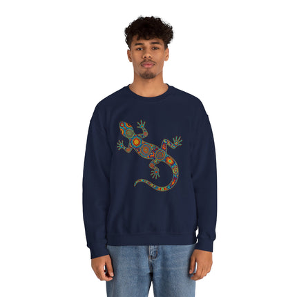 Colorful Huichol tribal lizard graphic on a navy pullover sweatshirt.