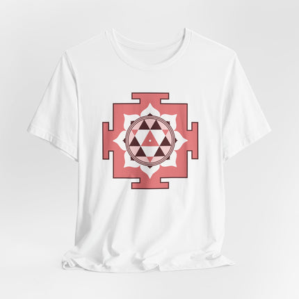 Sacred geometry Durga Yantra symbol printed on a white t-shirt.