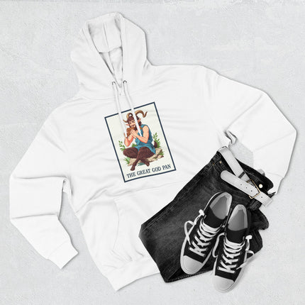 The Great God Pan satyr graphic print, featuring Greek mythology art on a white hoodie.