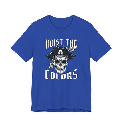 Nautical pirate skull graphic tee featuring "Hoist The Colors" text.