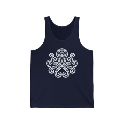 Mystical tribal octopus knot graphic on a navy tank top.