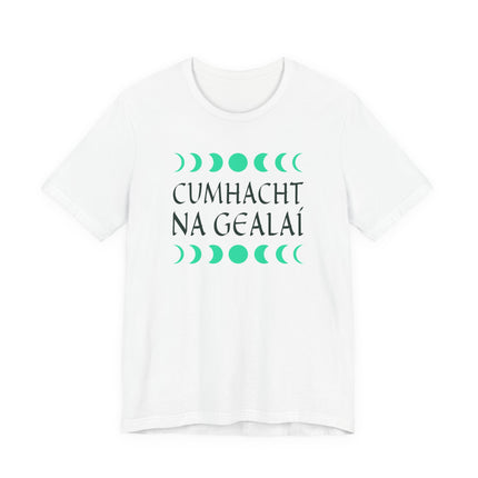 Irish "Cumhacht na Gealaí" t-shirt featuring the celestial lunar cycle and moon phases graphic.