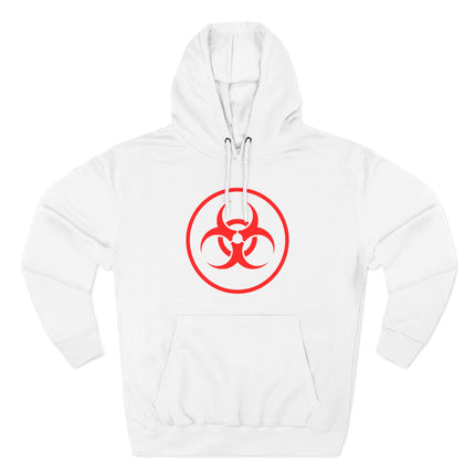 White hoodie with a striking red biohazard symbol graphic. Danger warning streetwear apparel.