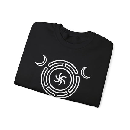 Hecate's Wheel Triple Goddess Moon symbol graphic on a black pagan witchcraft sweatshirt.