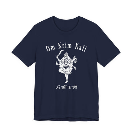 Om Krim Kali Goddess Kali graphic on a spiritual Hindu t-shirt featuring the mantra.