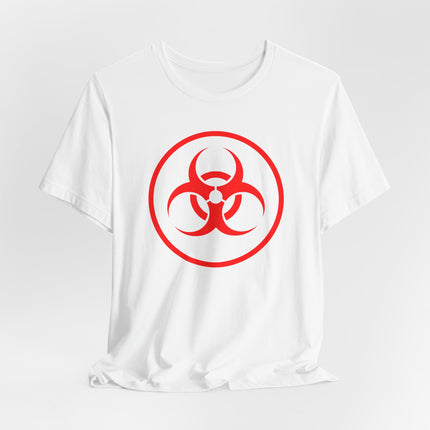 Red biohazard symbol graphic printed on a white unisex t-shirt.