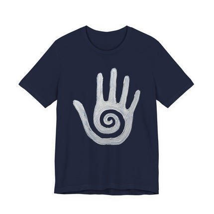 Hopi healing hand and spiral symbol graphic tee on a dark navy t-shirt.