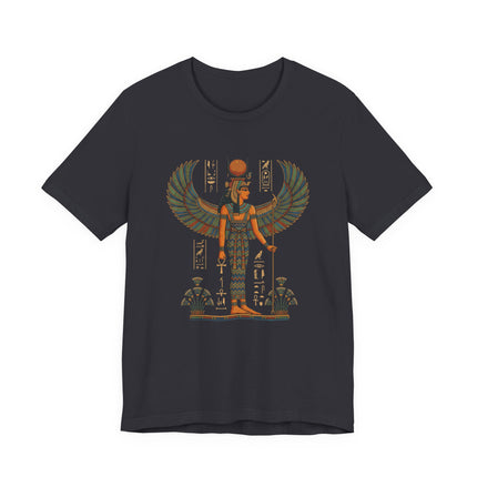 Egyptian goddess Isis graphic tee featuring wings, sun disk, and ancient Egyptian mythology symbols.