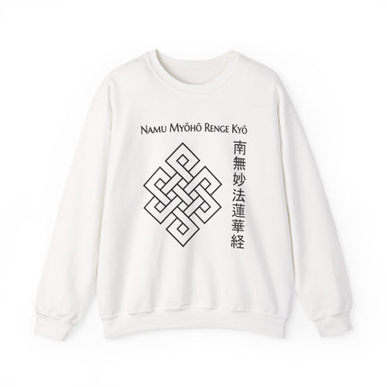 White sweatshirt with Namu Myōhō Renge Kyō mantra, Buddhist endless knot, and Japanese kanji graphic.