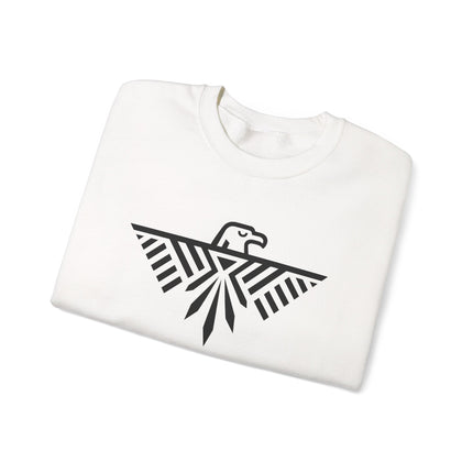 Minimalist geometric thunderbird eagle graphic on a white pullover sweatshirt.