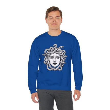 Medusa portrait with snakes for hair on a blue unisex sweatshirt featuring Greek mythology art.