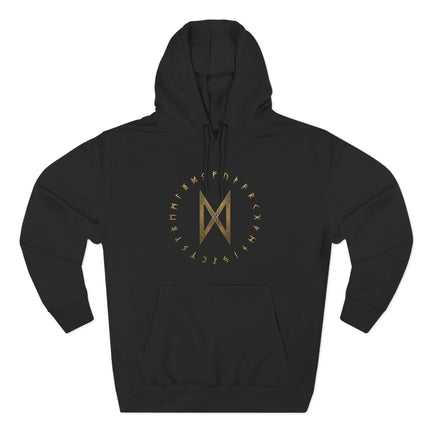Black hoodie featuring the Dagaz rune and Elder Futhark alphabet in gold Norse mythology print.