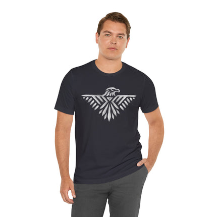 Dark t-shirt featuring a white geometric Thunderbird design, symbolizing a powerful spirit eagle.