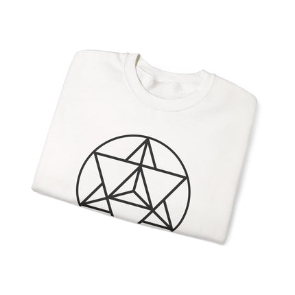Minimalist sacred geometry Merkaba symbol line art on a white pullover sweatshirt.