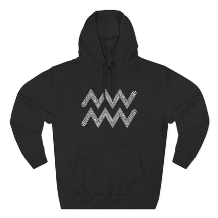 Black hoodie featuring an intricate white Aquarius zodiac tribal chevron pattern.