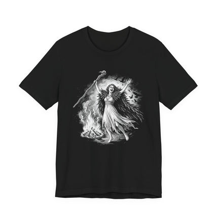 Celtic goddess The Morrigan illustration with ravens and bonfire ritual design.