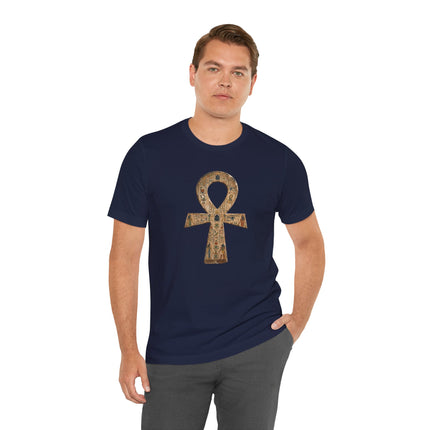 Navy t-shirt featuring the detailed Ancient Egyptian Ankh symbol.