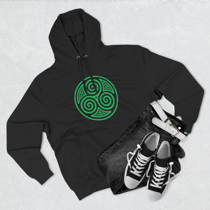 Green Celtic triskelion spiral symbol graphic on a black pullover hoodie.