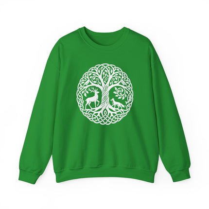 Celtic Tree of Life knotwork graphic featuring deer and fox wildlife art. Nature boho design.