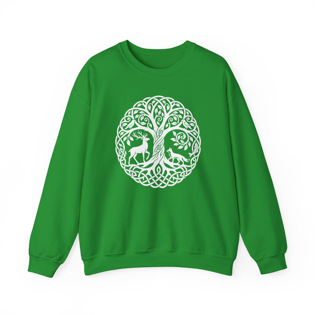 Celtic Tree of Life knotwork graphic featuring deer and fox wildlife art. Nature boho design.